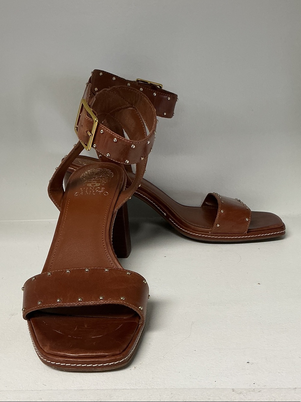 Vince Camuto Tan Leather Studded Ankle-Strap Sandals
